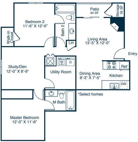 Floor plan for 2 beds, 2 baths, 1107 sqft